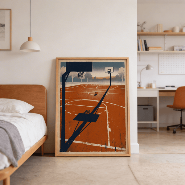 Outdoor Sports Wall Art print featuring court surface, white linework, and two hoops