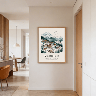 Verbier Mountain Wall Art with illustrated ski chalets, cable car line, and snowflakes in sky