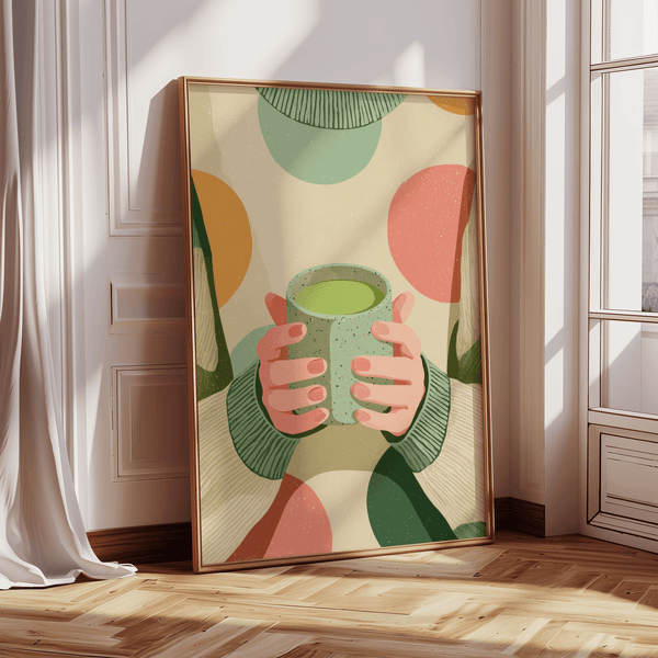 Cozy Matcha Art print in beige and green, perfect for a study room