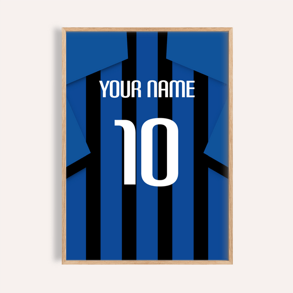 Inter Milan Football Shirt Poster with customizable name and number on blue and black stripes
