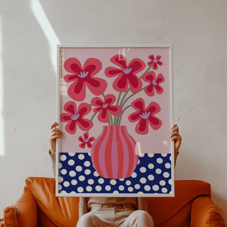 Colorful Flower Poster with vibrant Pink flowers and Blue polka dot details for bedroom decor