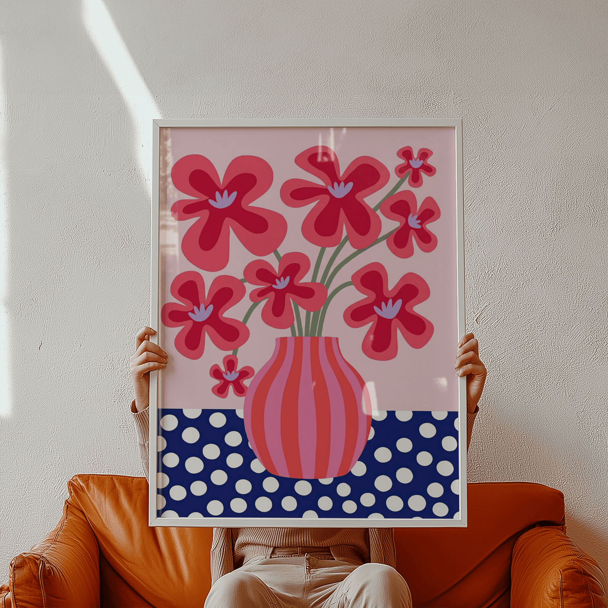 Colorful Flower Poster with vibrant Pink flowers and Blue polka dot details for bedroom decor