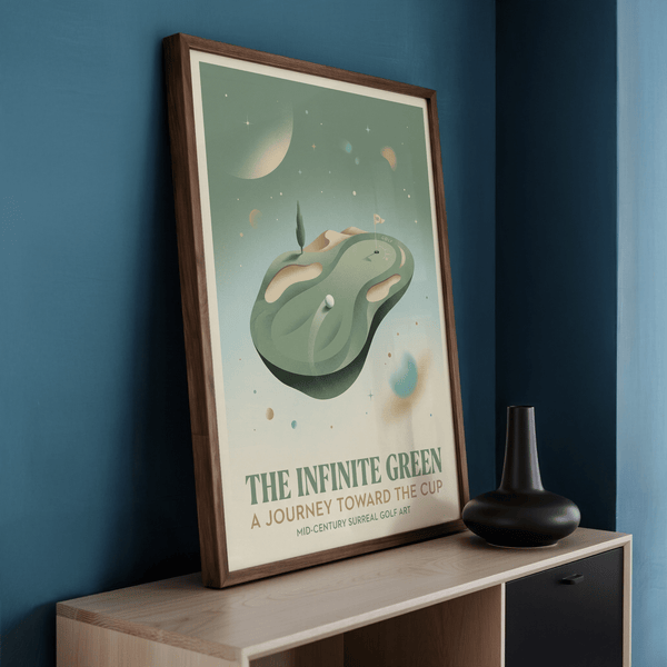 Graphic golf poster with arc shot lines and dune shapes