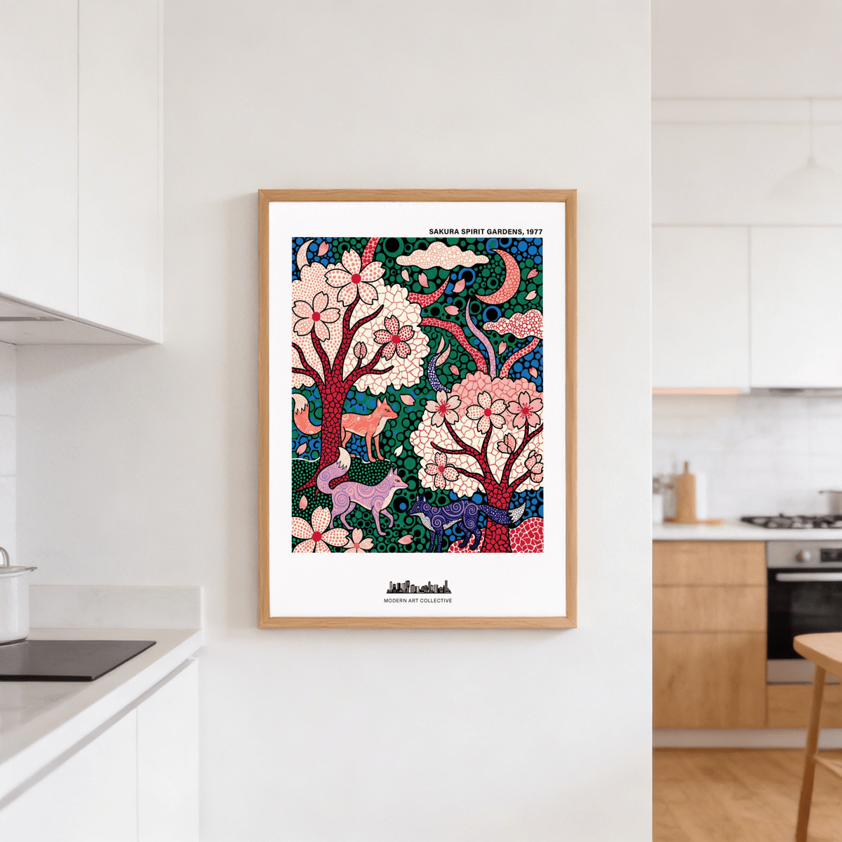 Graphic nature wall art featuring crescent moon, blossoms, and all-over dotted texture