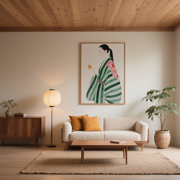 Side profile of a woman with black hair in ponytail, unique wall art for living room.