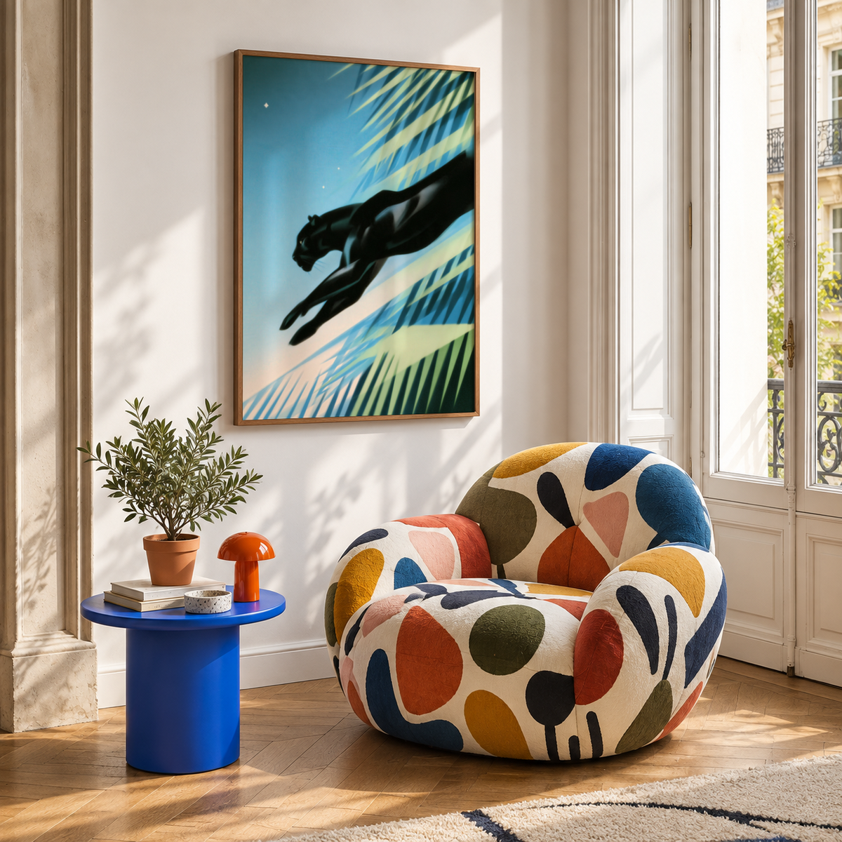 Sleek feline silhouette wall art print over layered frond pattern