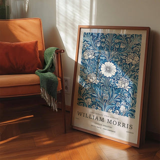 Blue botanical prints featuring cream florals for living room decor