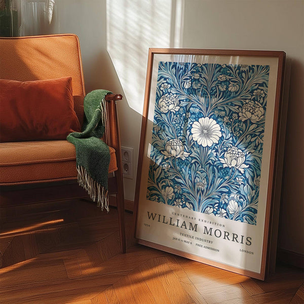 Blue botanical prints featuring cream florals for living room decor