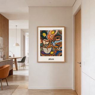 Playful still life wall art with tea cups, kettle, and layered circular motifs