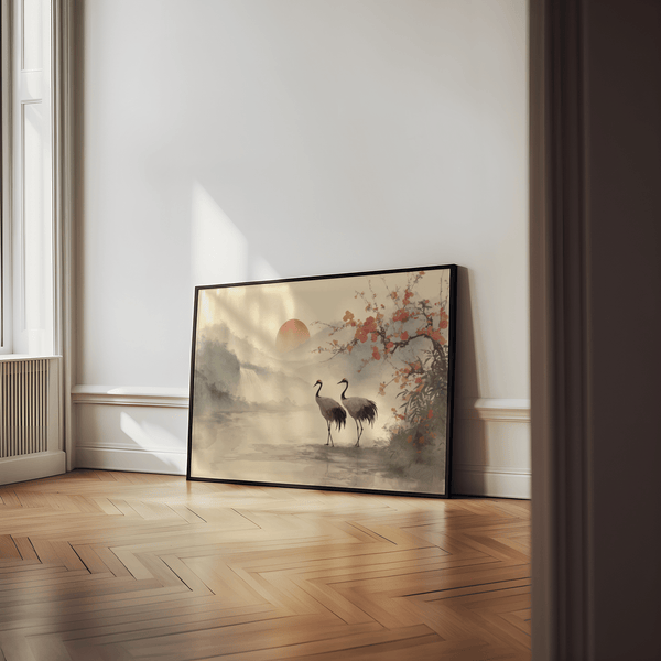 Japanese Art Poster featuring cranes and red blossoms for serene bedroom decor