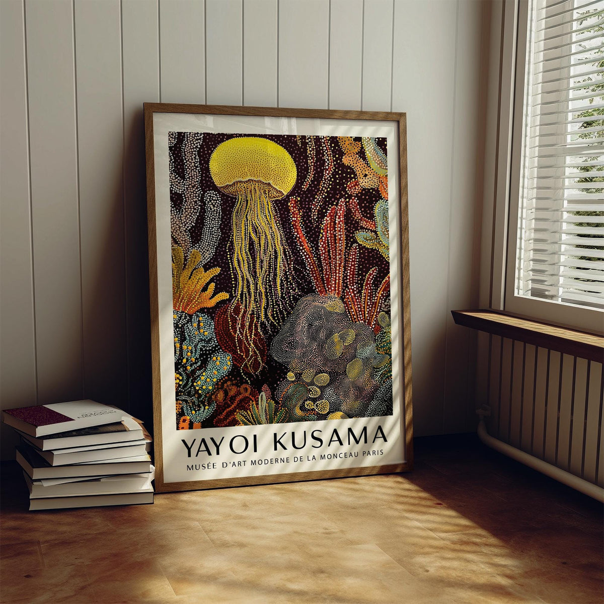Vibrant jellyfish poster with dotted reef structures and botanical forms.
