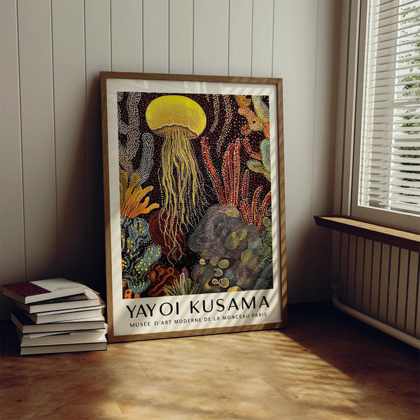 Vibrant jellyfish poster with dotted reef structures and botanical forms.