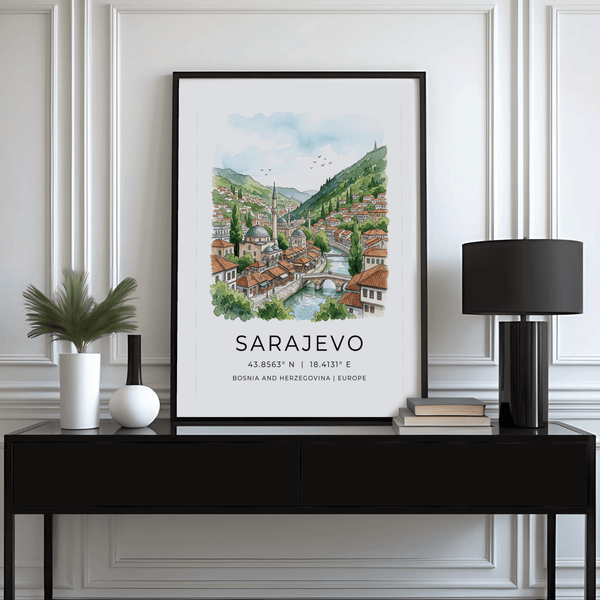 Panoramic cityscape wall art showing valley hills and clustered buildings