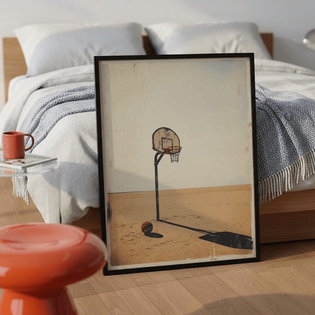 Graphic sports print of isolated hoop framed by negative space