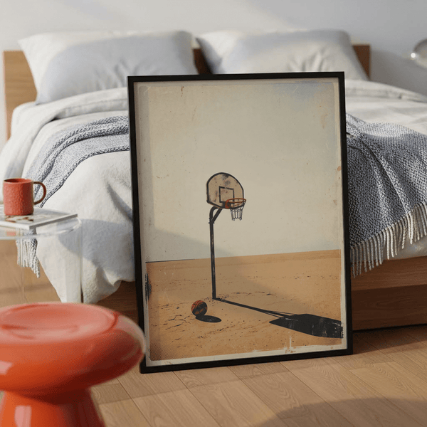 Graphic sports print of isolated hoop framed by negative space