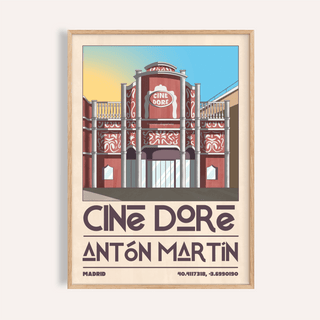Framed view of Cine Doré Antón Martín wall art print with balcony columns and bold text
