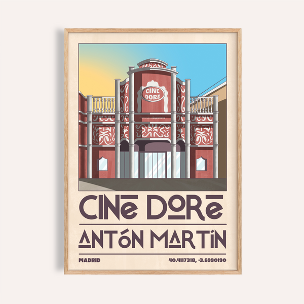 Framed view of Cine Doré Antón Martín wall art print with balcony columns and bold text
