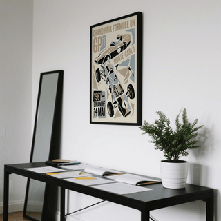 Capturing a vintage racing poster print featuring GP1 headline and stylized car silhouette