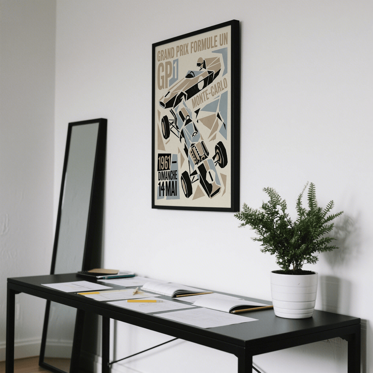 Capturing a vintage racing poster print featuring GP1 headline and stylized car silhouette