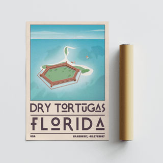 Coastal wall graphic of fort, sandbar, and open ocean