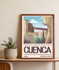Illustrated travel poster with cliff, bridge, and CUENCA typography wall art print
