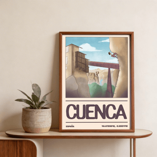 Illustrated travel poster with cliff, bridge, and CUENCA typography wall art print