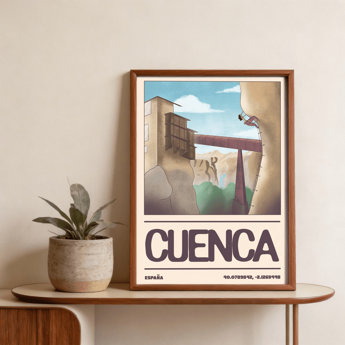 Illustrated travel poster with cliff, bridge, and CUENCA typography wall art print