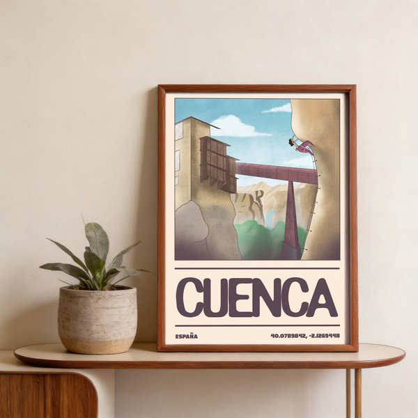 Illustrated travel poster with cliff, bridge, and CUENCA typography wall art print