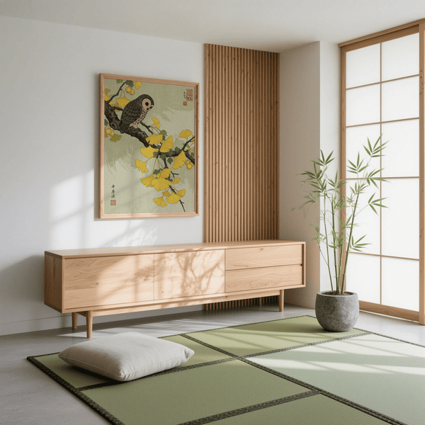 Owl and Ginkgo Print in Gray and Yellow for peaceful nursery wall art