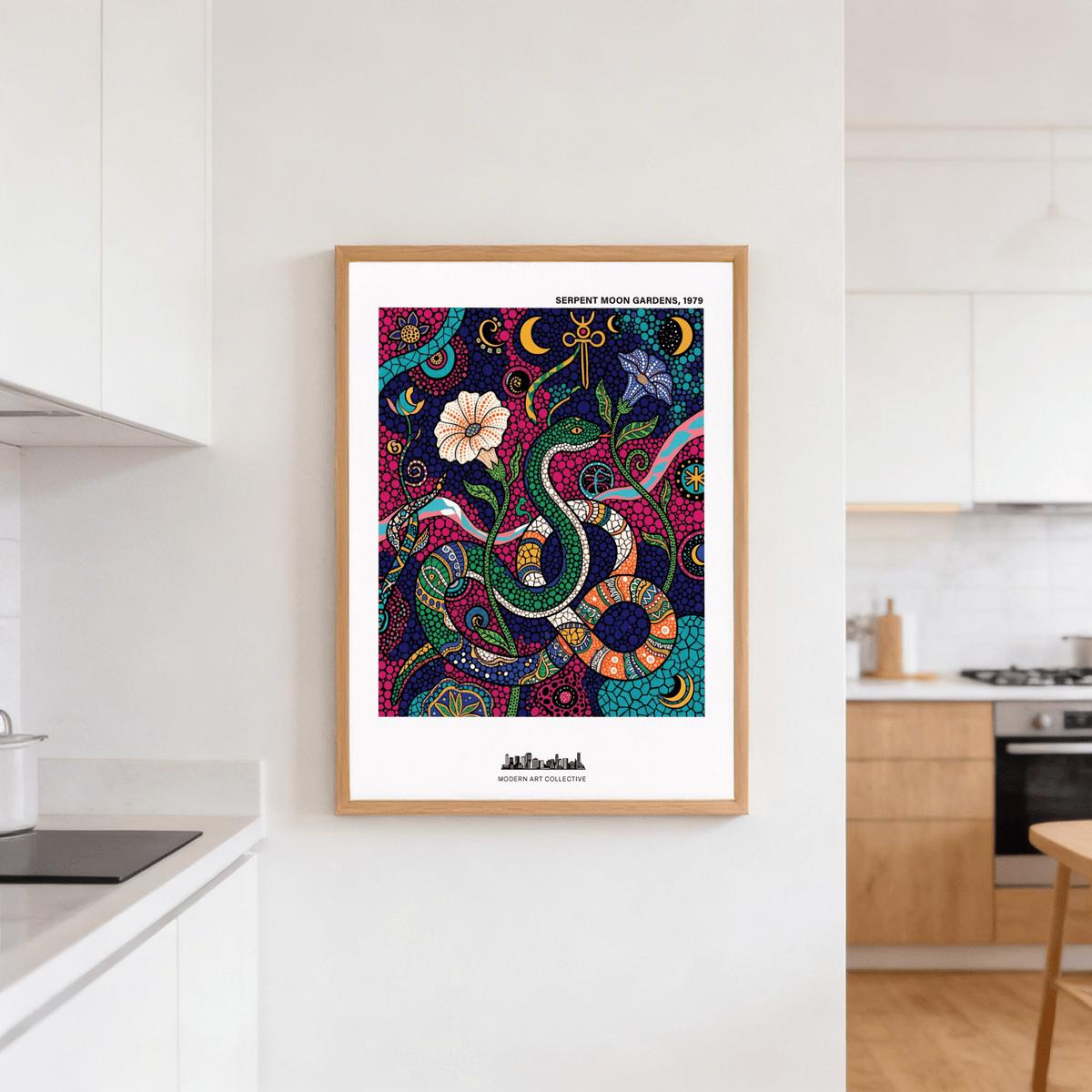 Ornate snake wall art print with S-shaped serpent and repeating dot fields