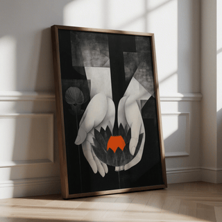 Textured illustration of hands cradling a lotus wall art print with strong negative space