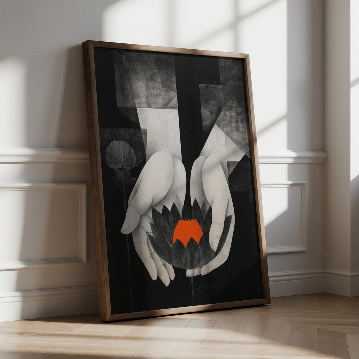 Textured illustration of hands cradling a lotus wall art print with strong negative space