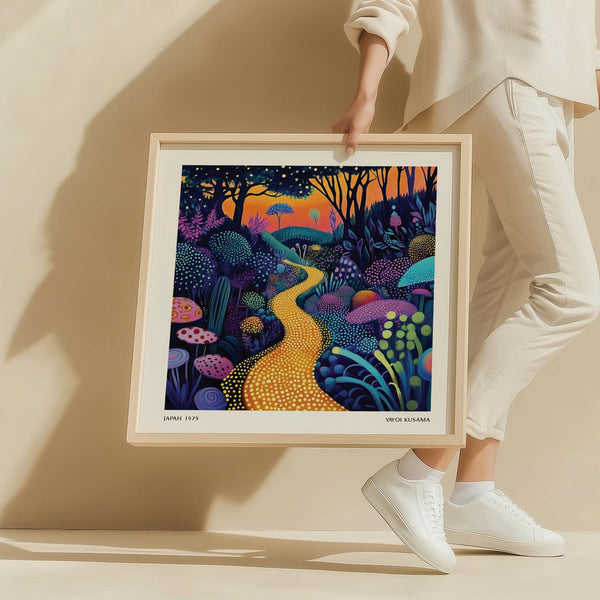 Surreal polka dot pop art print with glowing forest path