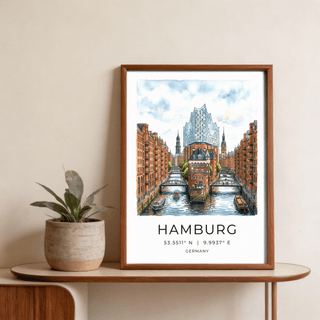 Central skyline Hamburg Cityscape Art Print showing glass landmark above canal