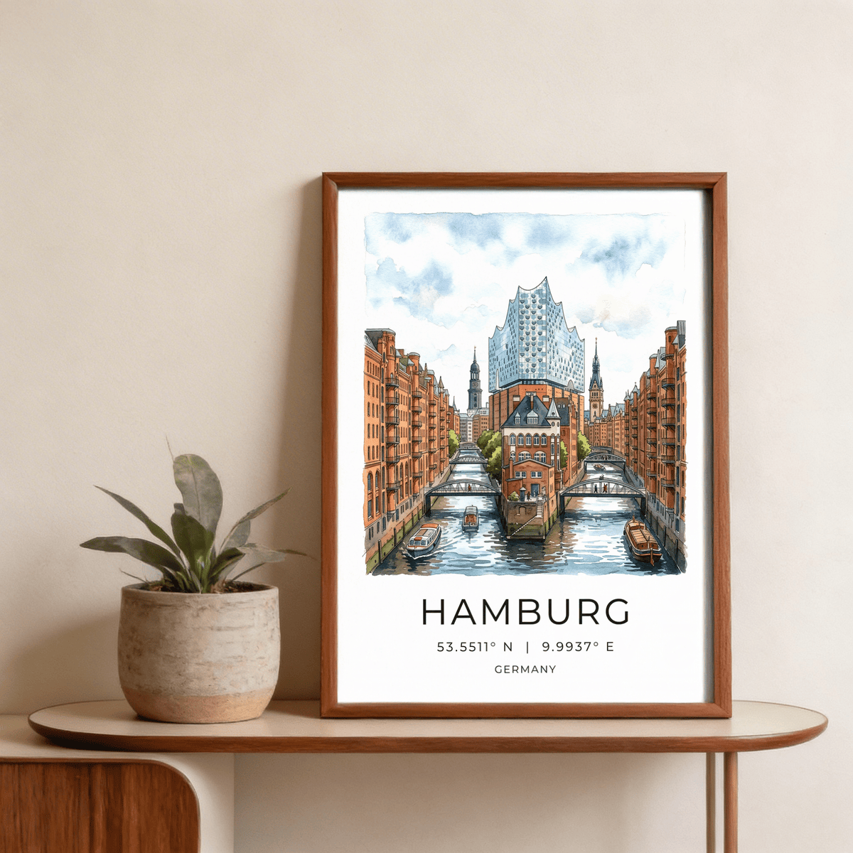 Central skyline Hamburg Cityscape Art Print showing glass landmark above canal