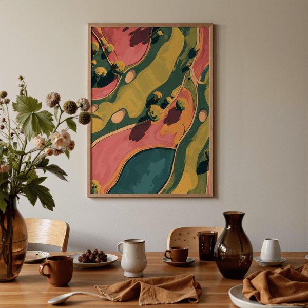 Graphic golf course wall art with overhead perspective and abstracted terrain shapes