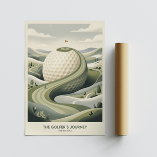 Retro-inspired golf print depicting fairway curve and cloud-filled sky