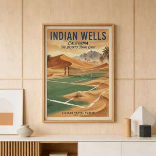Showing an Indian Wells California tennis travel poster print with bold headline text and palm trees