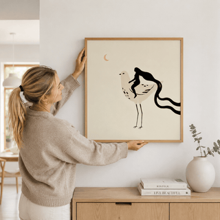 Whimsical Bird Art Print with long-legged bird, side-saddle figure, and moon