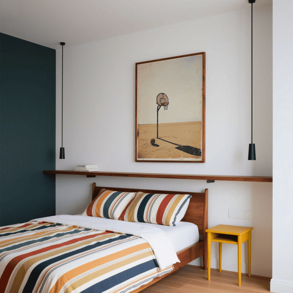 Minimal outdoor hoop poster with long shadow across beige ground