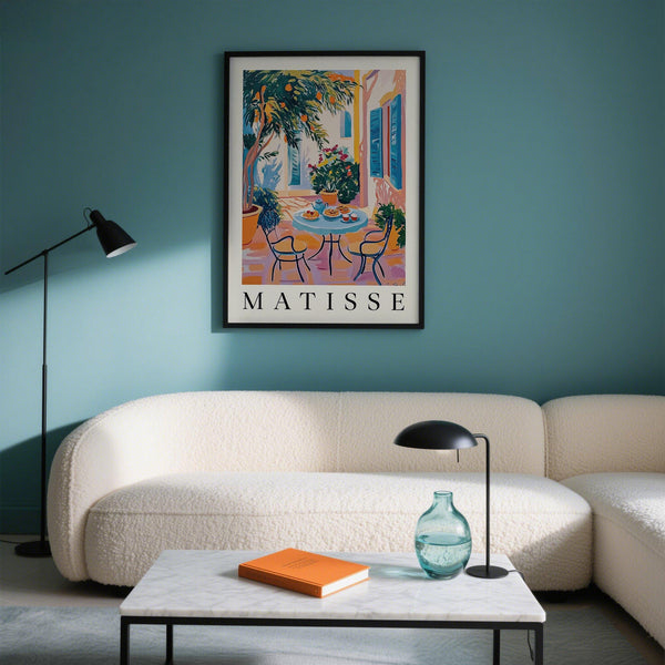 Wall art Mediterranean decor showing blue shutters and warm stucco tones.