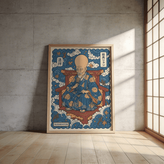 Cloud-framed portrait of folklore elder rendered in limited color palette
