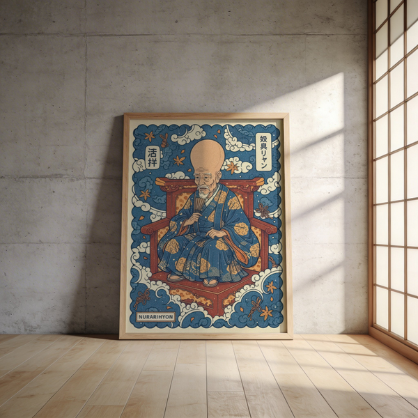 Cloud-framed portrait of folklore elder rendered in limited color palette