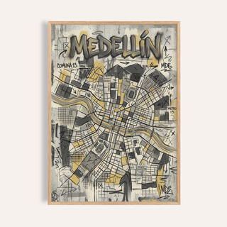 Overview of Medellin Map Art Print poster with hand-lettered Medellin title and sketch city grid