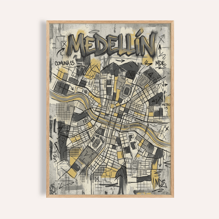 Overview of Medellin Map Art Print poster with hand-lettered Medellin title and sketch city grid