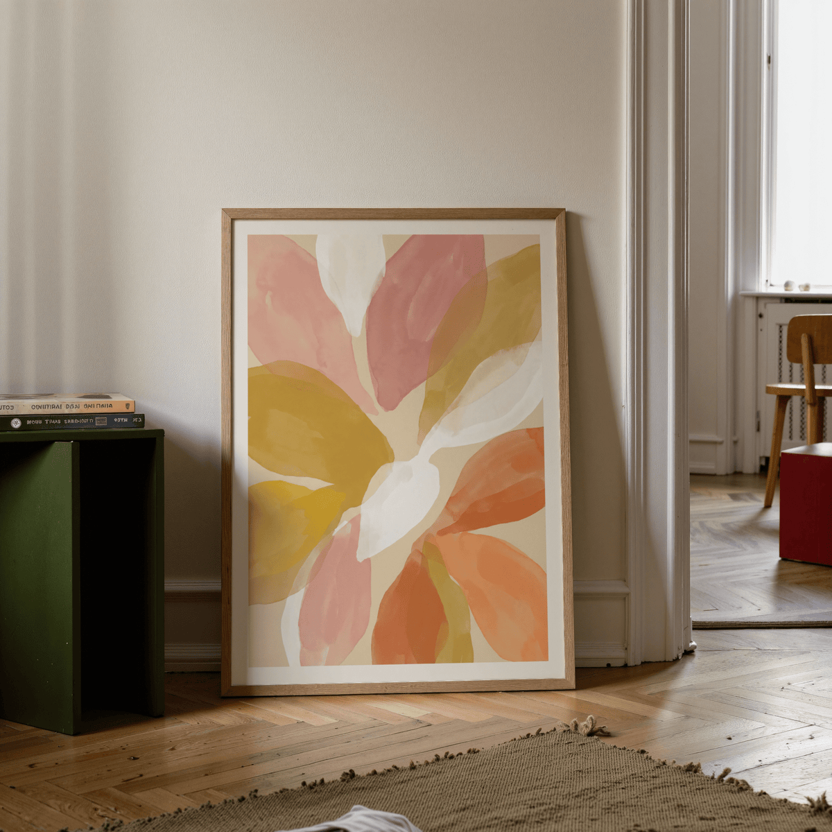 Painterly floral poster with multicolored petal forms and central bloom motif