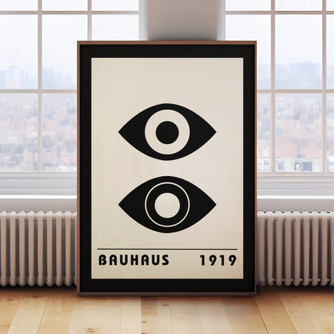 Bauhaus black and white poster with eye design
