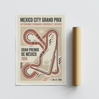 Graphic motorsport poster with simplified circuit silhouette and geometric corner accents