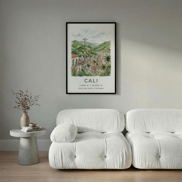 Landscape city poster print with hilltop monument overlooking Cali