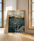 Modern Octopus Wall Art print in blue and gold for modern living room